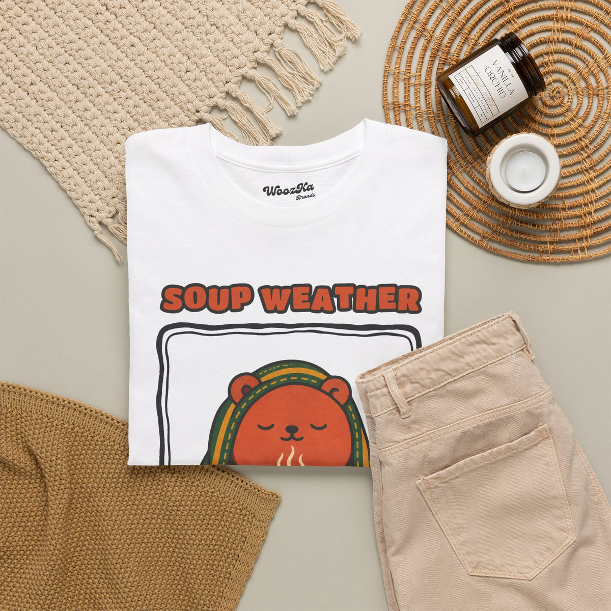 WoozKa Brands Soup Weather Bear Heavy Cotton T-Shirt, Front Graphic