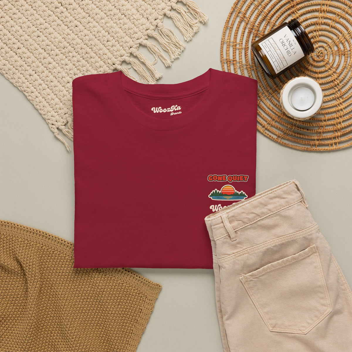 WoozKa Brands Retro Sunset Lake T-Shirt, Nature Outdoors Pine Back Print