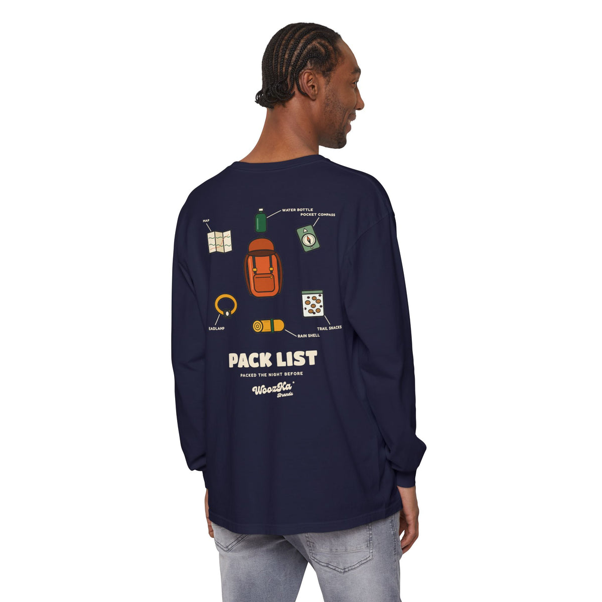 WoozKa Brands Hiking Long Sleeve Tee, Backpacking Gear List Back Print