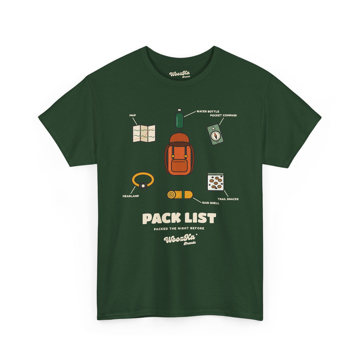 WoozKa Brands Hiking T-Shirt, Backpacking Gear List Front Print