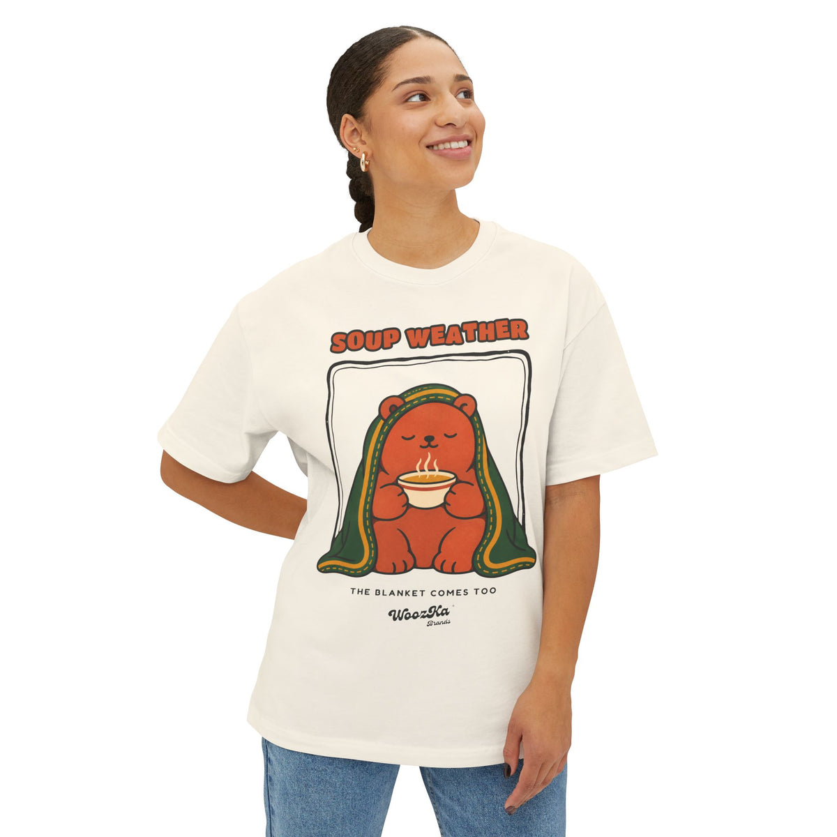 WoozKa Brands Soup Weather Bear Oversized Boxy T-Shirt, Front Graphic