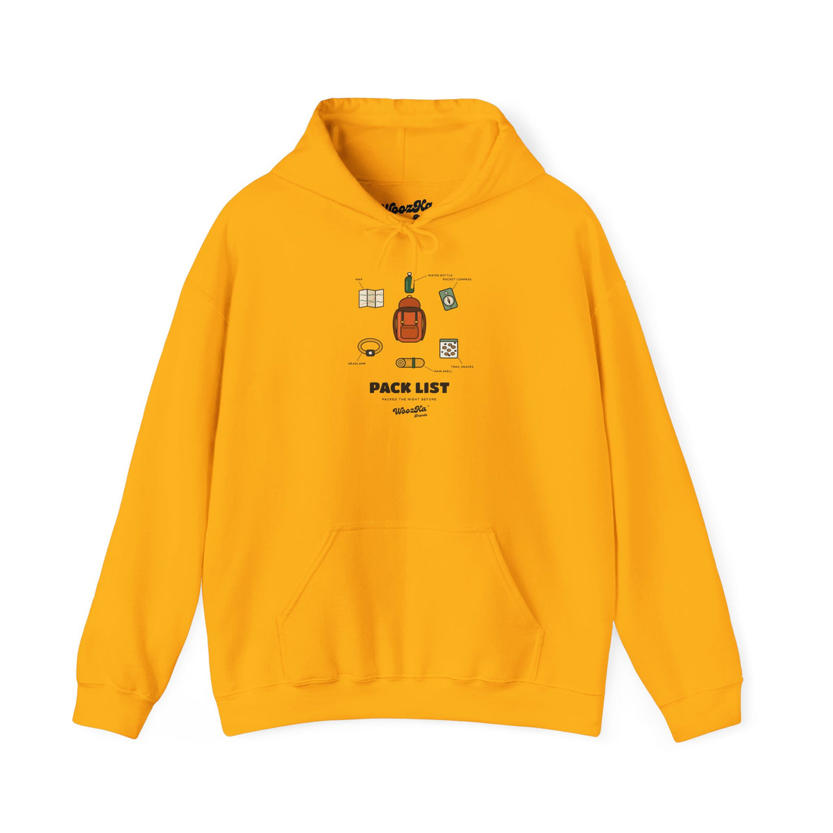 WoozKa Brands Hiking Hoodie, Backpacking Gear List Front Print