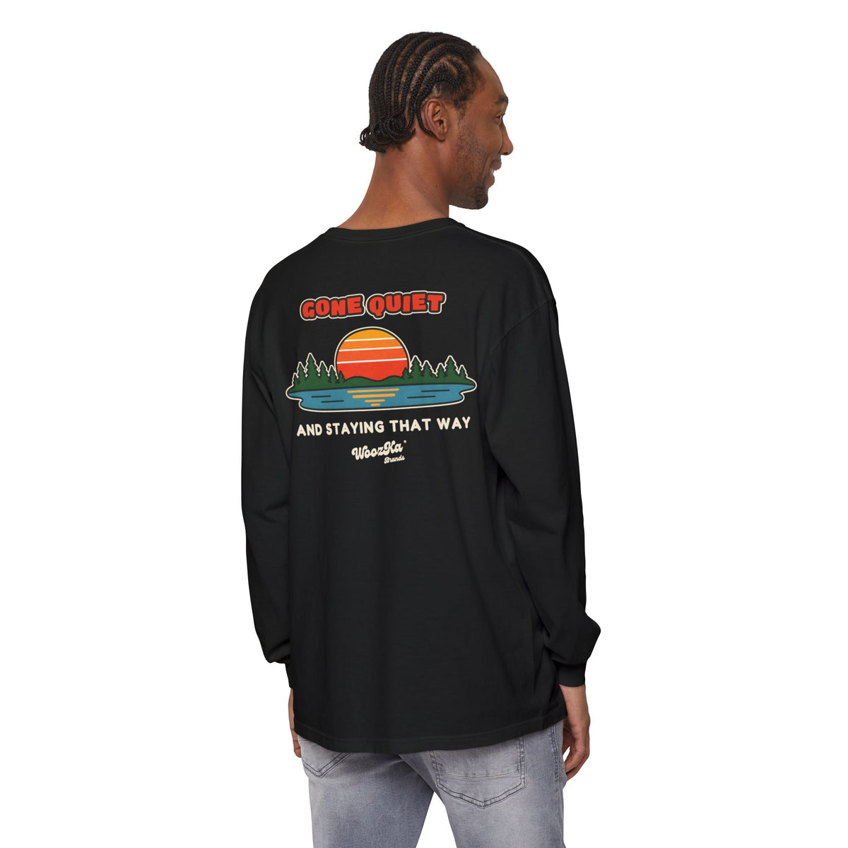WoozKa Brands Retro Sunset Lake Long Sleeve Tee, Nature Outdoors Back Print