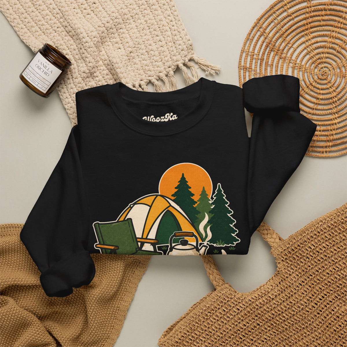 WoozKa Brands Camp Coffee Camping Crewneck Sweatshirt, Front Graphic
