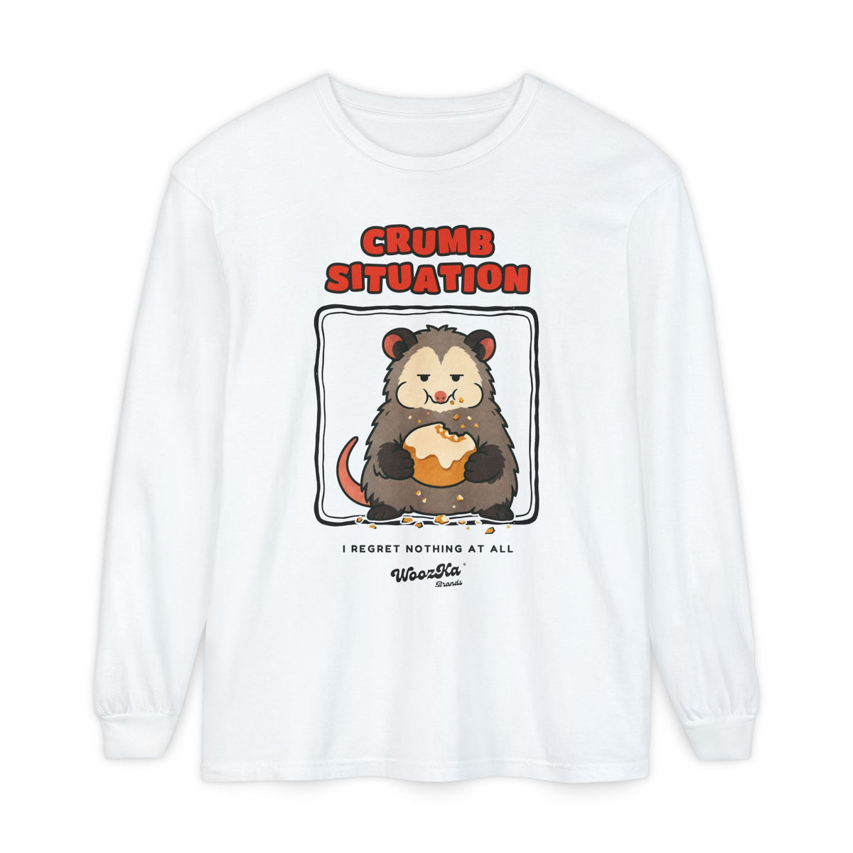 WoozKa Brands Crumb Situation Opossum Long Sleeve T-Shirt, Front Graphic
