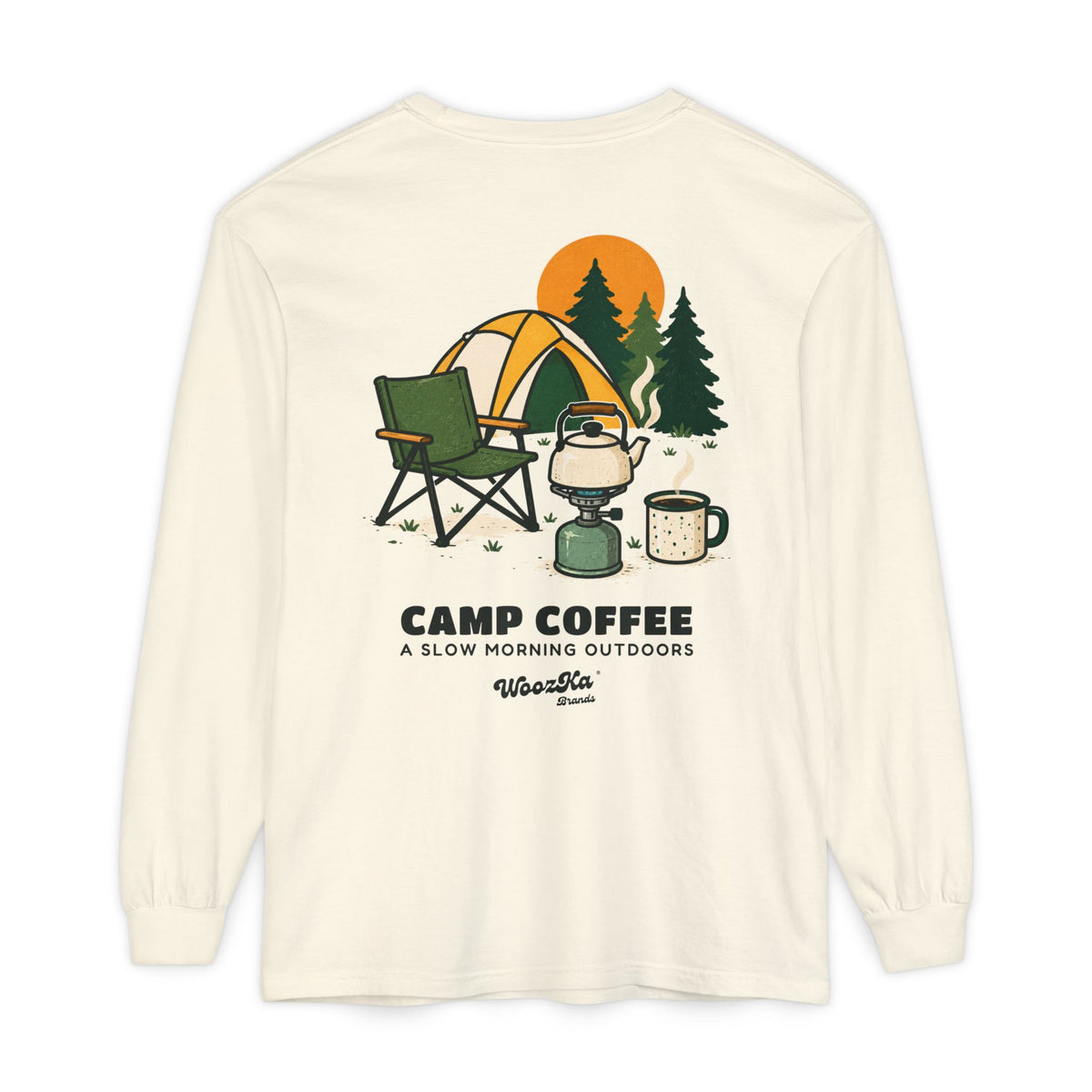 WoozKa Brands Camp Coffee Camping Long Sleeve T-Shirt, Two-Sided Graphic