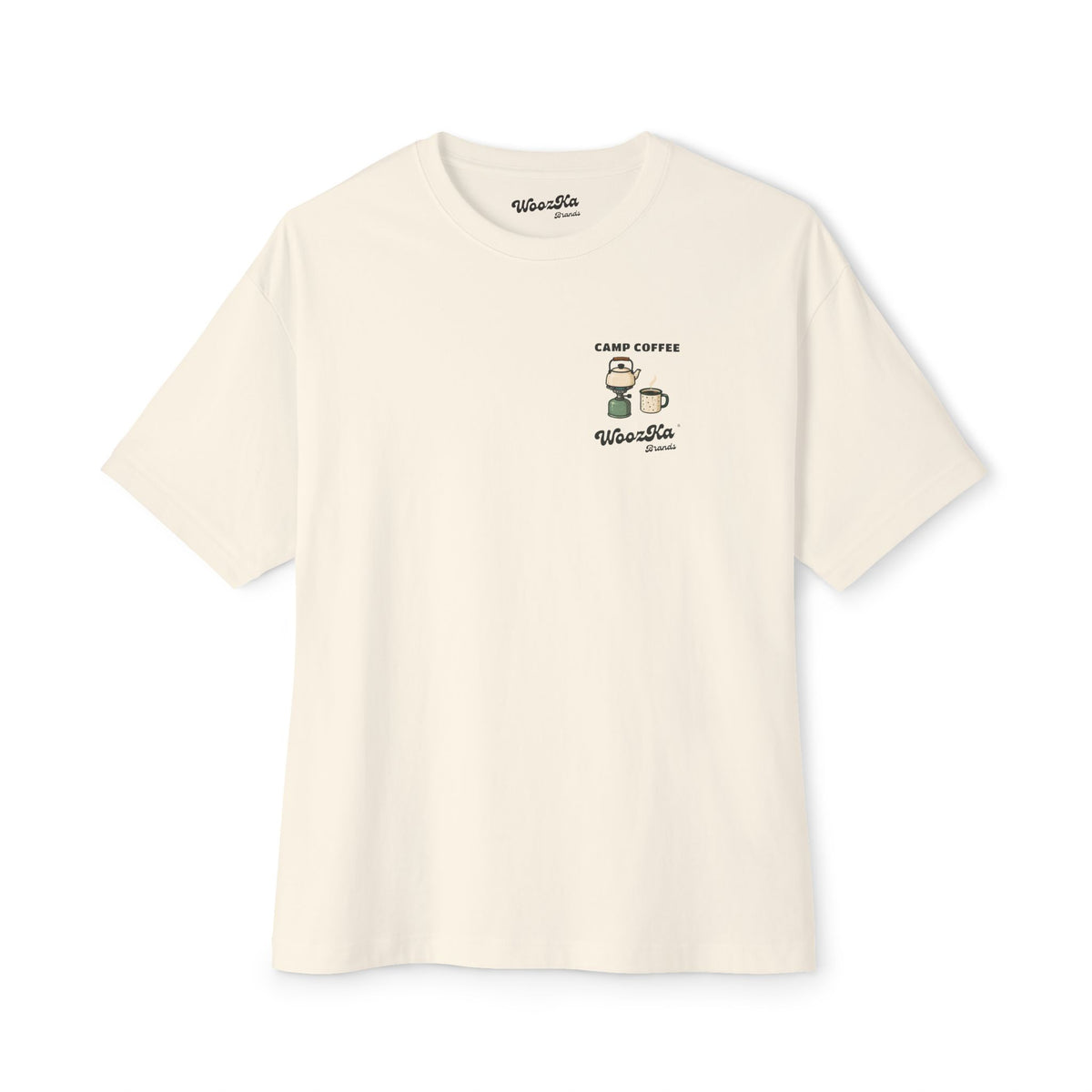 WoozKa Brands Camp Coffee Camping Oversized Boxy T-Shirt, Two-Sided Graphic