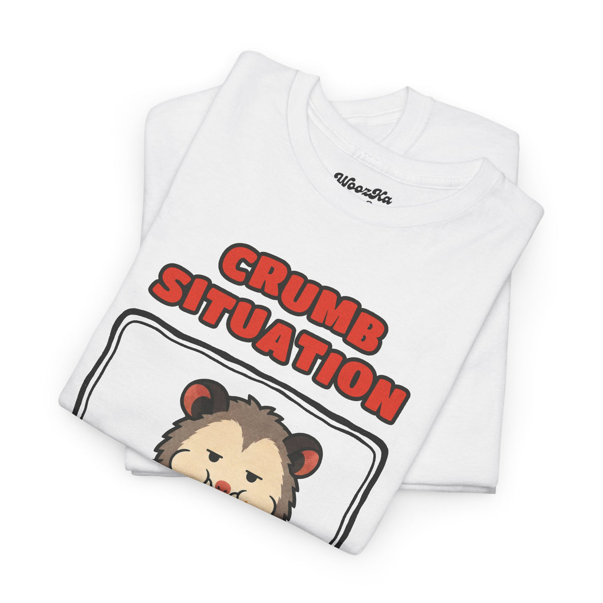WoozKa Brands Crumb Situation Opossum Heavy Cotton T-Shirt, Front Graphic