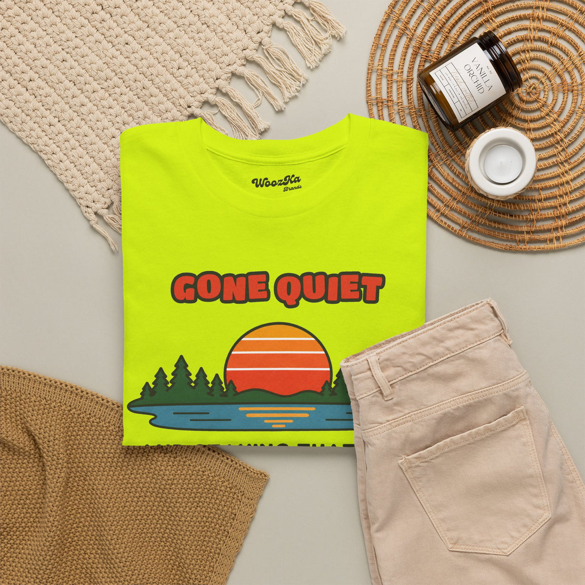 WoozKa Brands Retro Sunset Lake T-Shirt, Nature Outdoors Pine Front Print