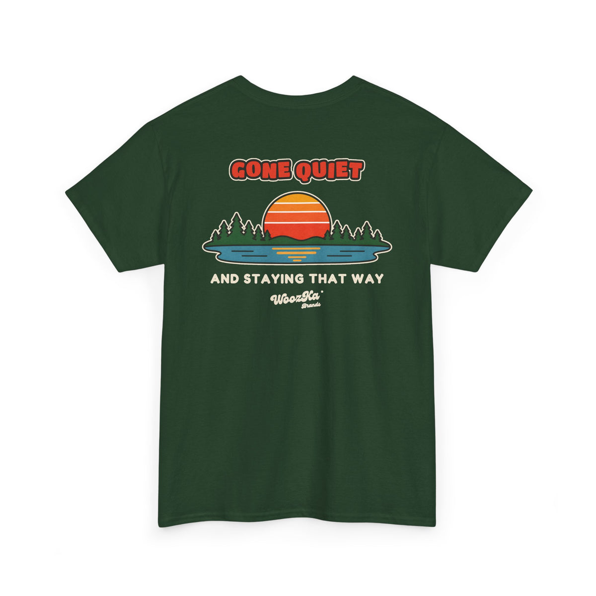 WoozKa Brands Retro Sunset Lake T-Shirt, Nature Outdoors Pine Back Print