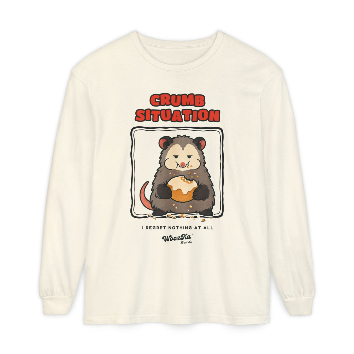 WoozKa Brands Crumb Situation Opossum Long Sleeve T-Shirt, Front Graphic