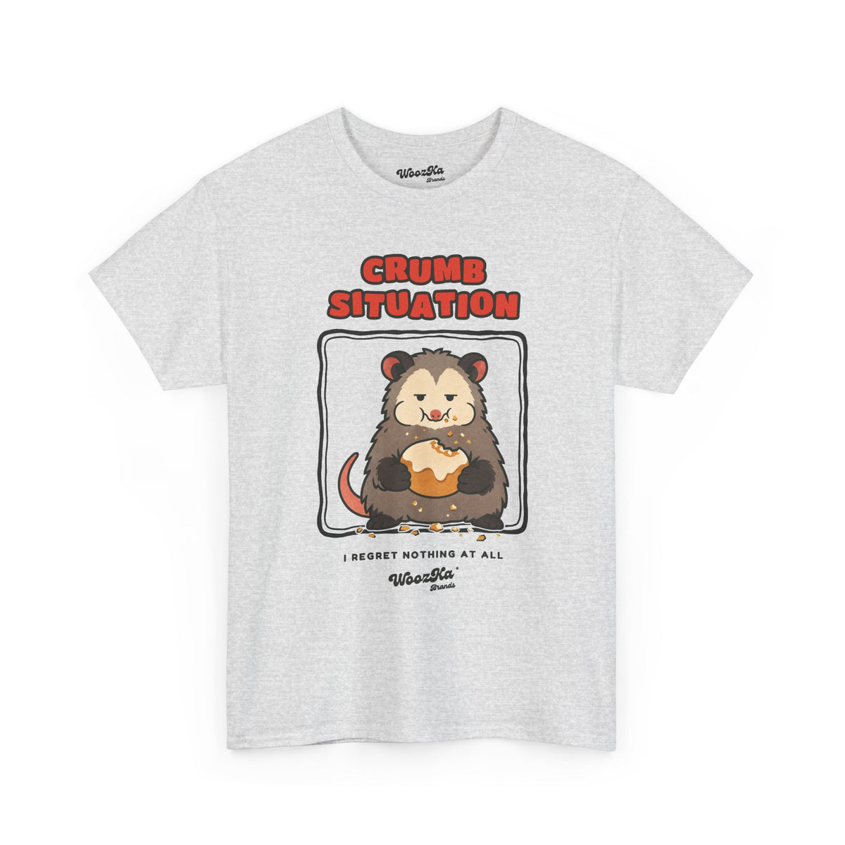 WoozKa Brands Crumb Situation Opossum Heavy Cotton T-Shirt, Front Graphic