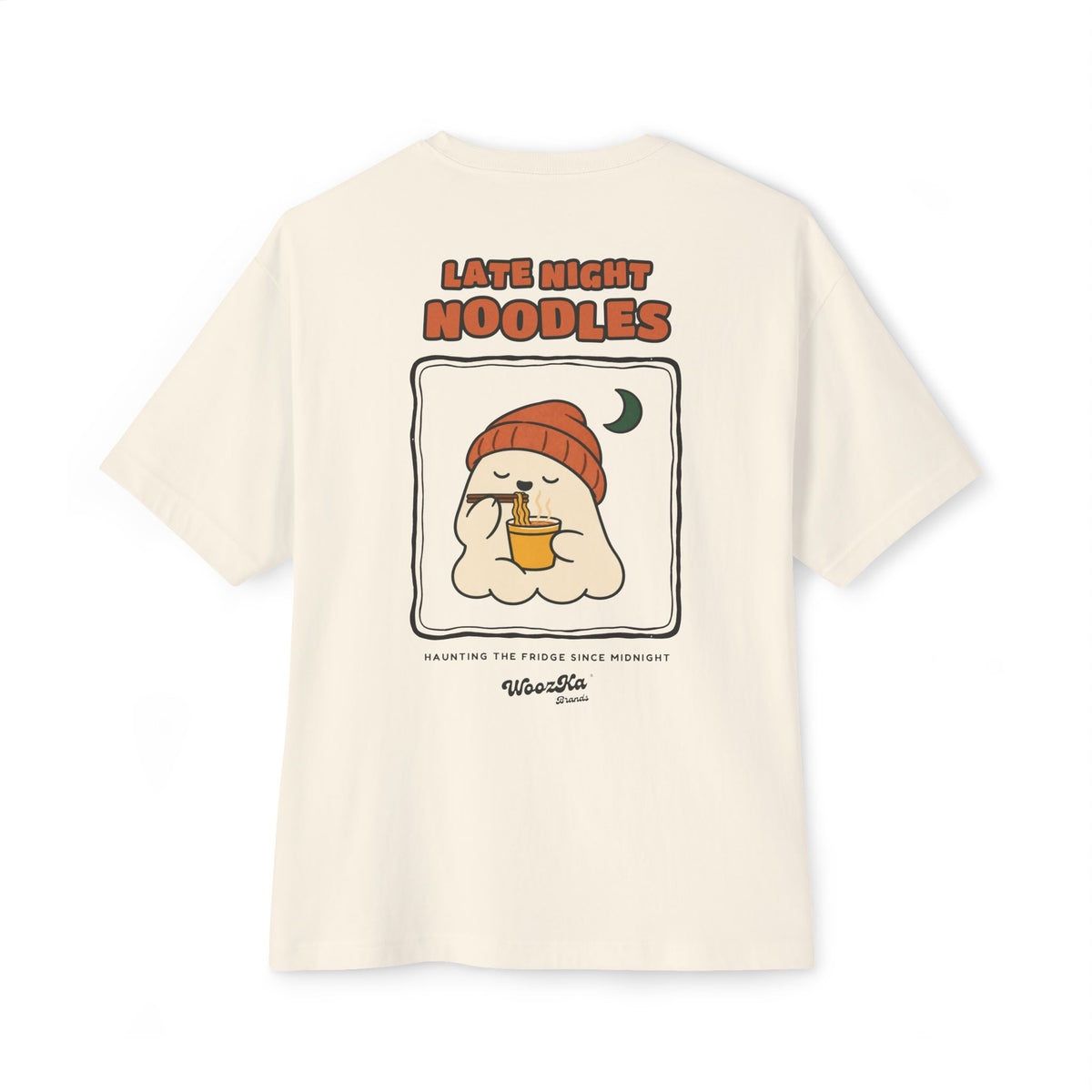 WoozKa Brands Late Night Noodles Ghost Oversized Boxy T-Shirt, Two-Sided