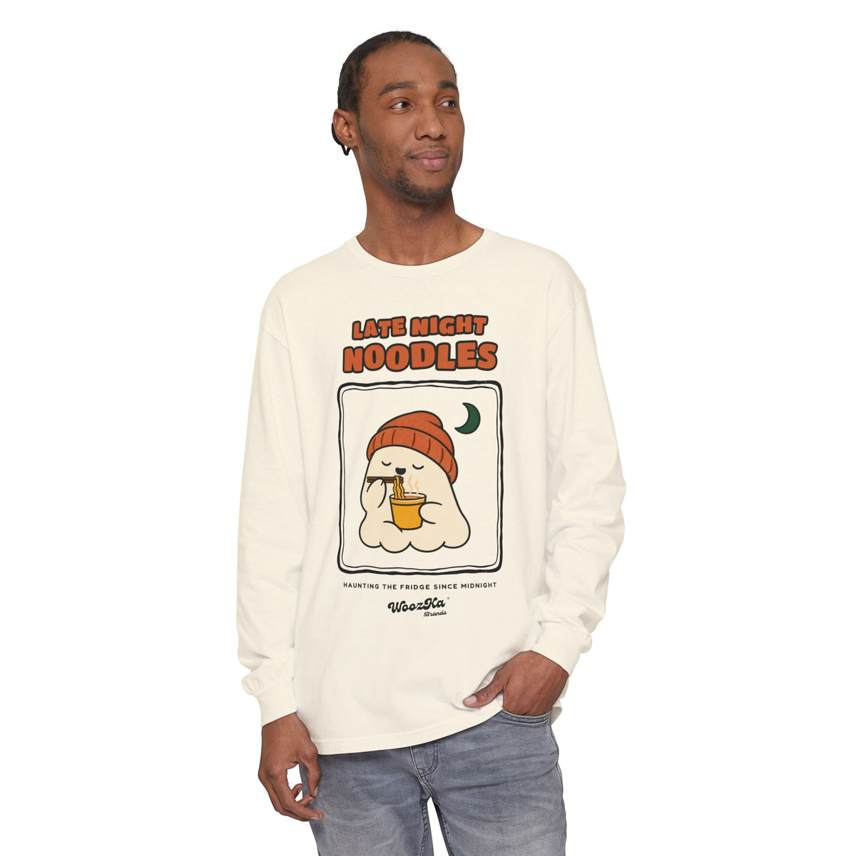 WoozKa Brands Late Night Noodles Ghost Long Sleeve T-Shirt, Front Graphic