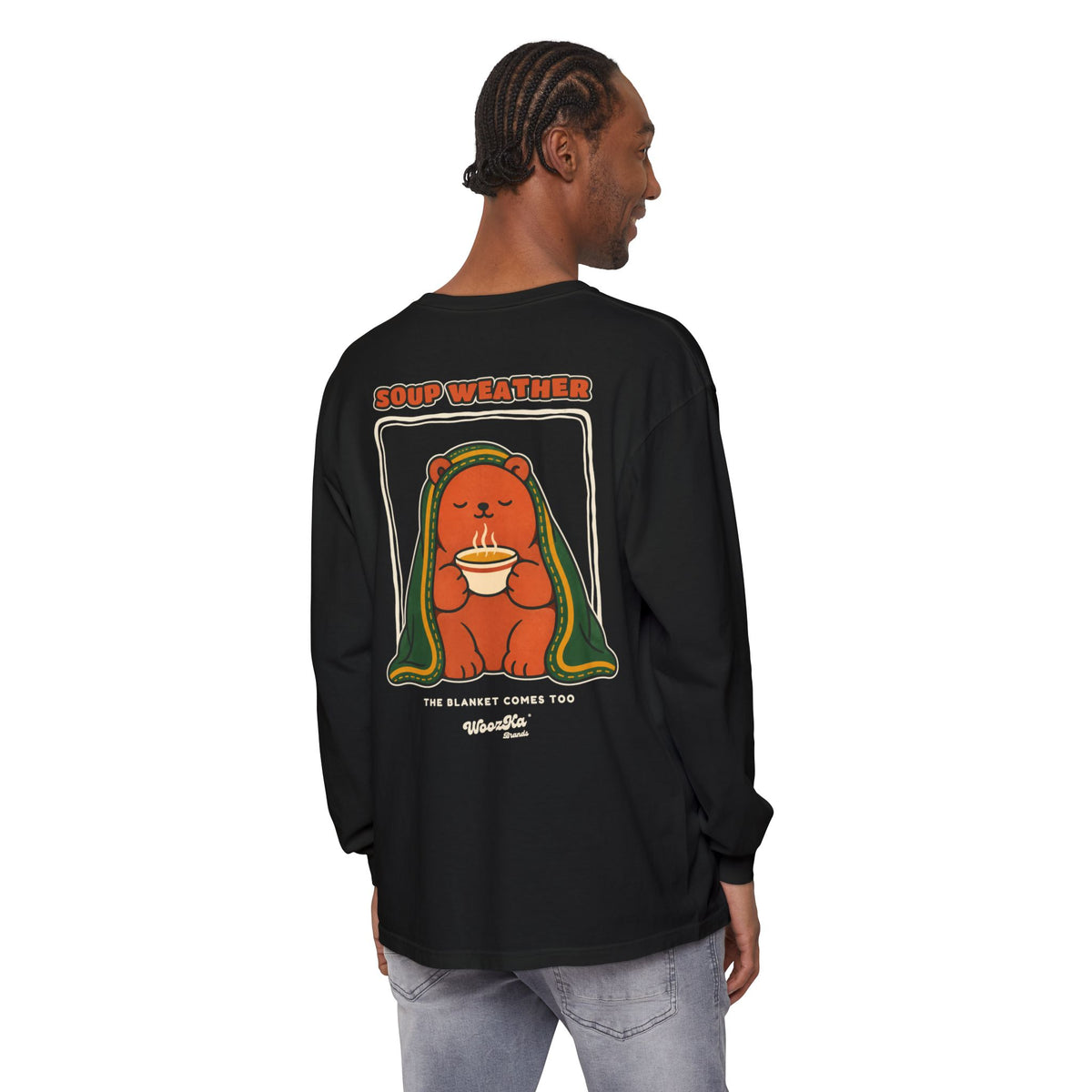 WoozKa Brands Soup Weather Bear Long Sleeve T-Shirt, Front and Back Graphic