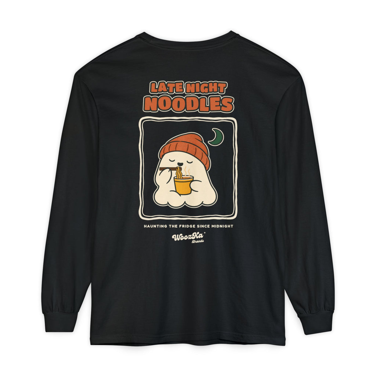 WoozKa Brands Late Night Noodles Ghost Long Sleeve T-Shirt, Two-Sided