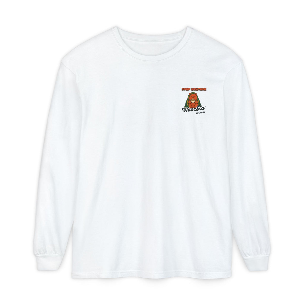 WoozKa Brands Cute Bear Fall Long Sleeve Tee, Cozy Soup Lover Back Print