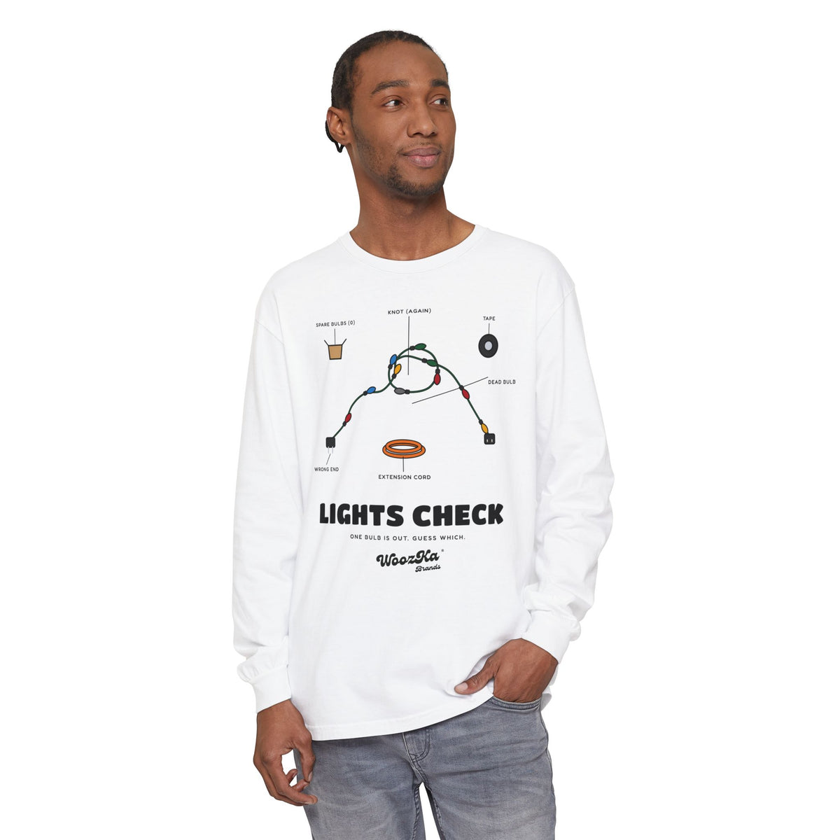 WoozKa Brands Christmas Lights Long Sleeve Tee, Funny Holiday Front Print