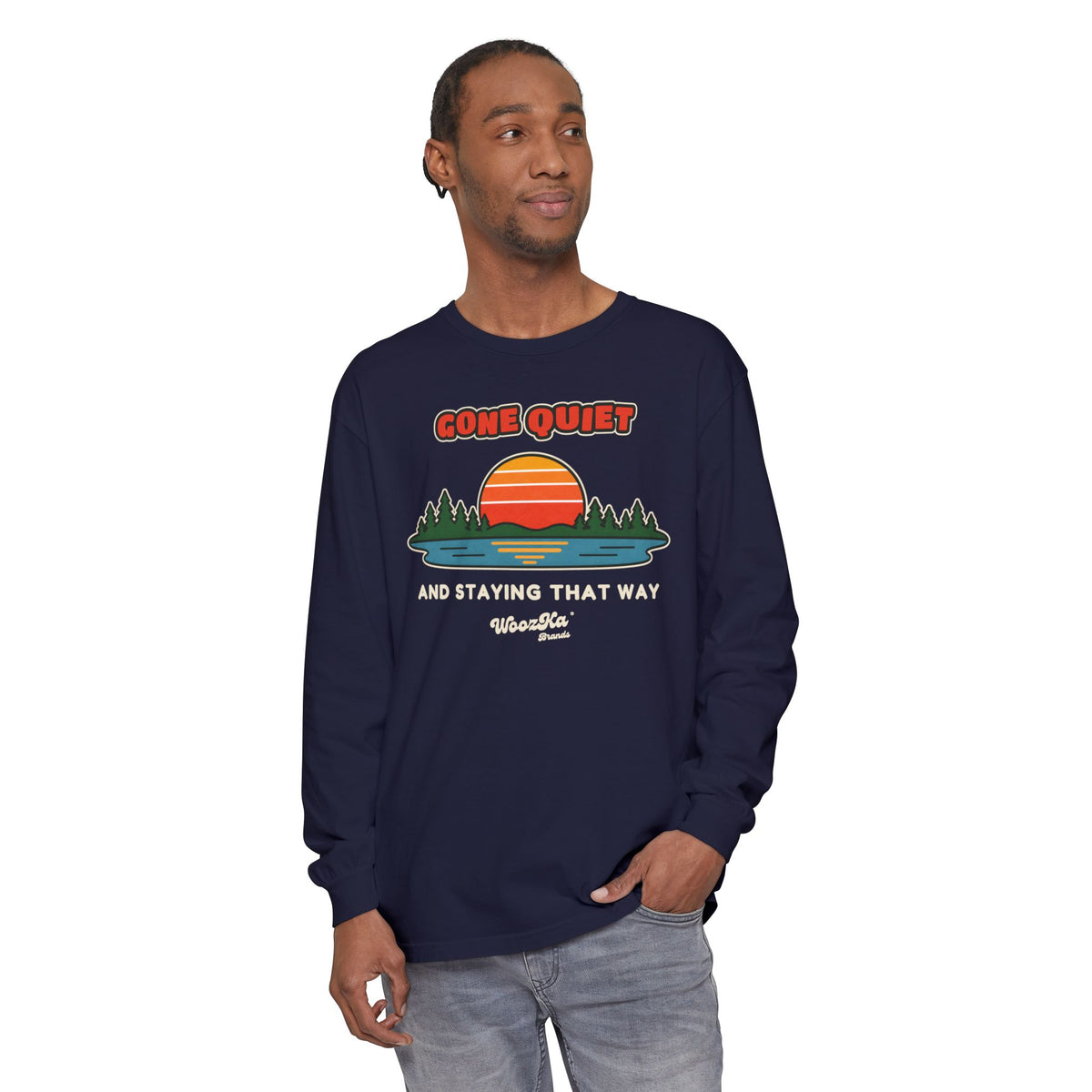 WoozKa Brands Retro Sunset Lake Long Sleeve Tee, Nature Front Print