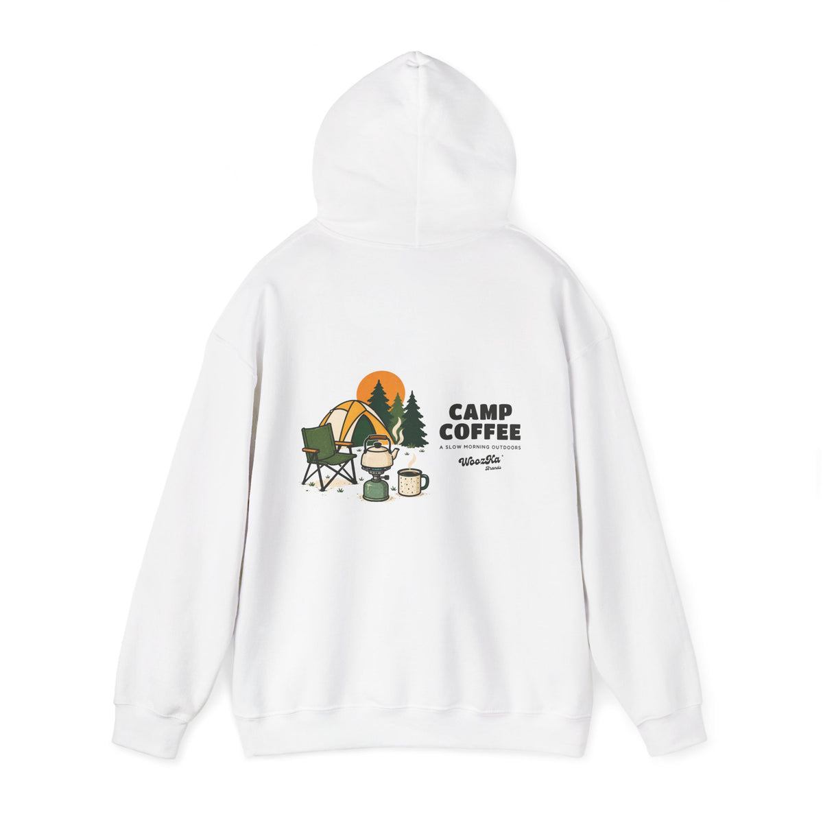 WoozKa Brands Camp Coffee Camping Hoodie, Wide Back Graphic
