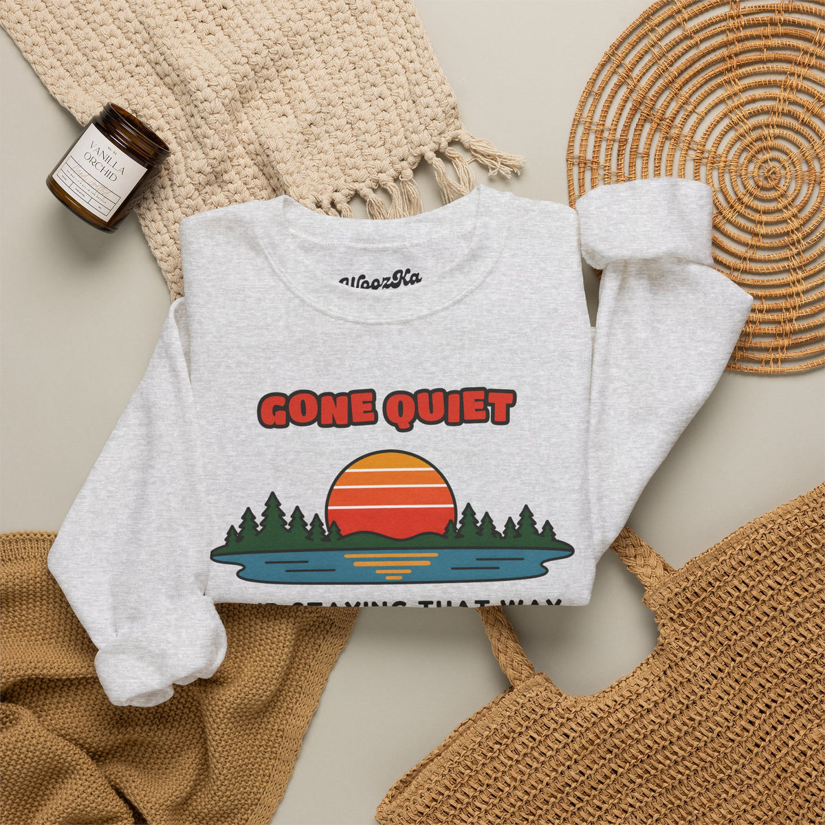 WoozKa Brands Retro Sunset Lake Sweatshirt, Nature Outdoors Front Print