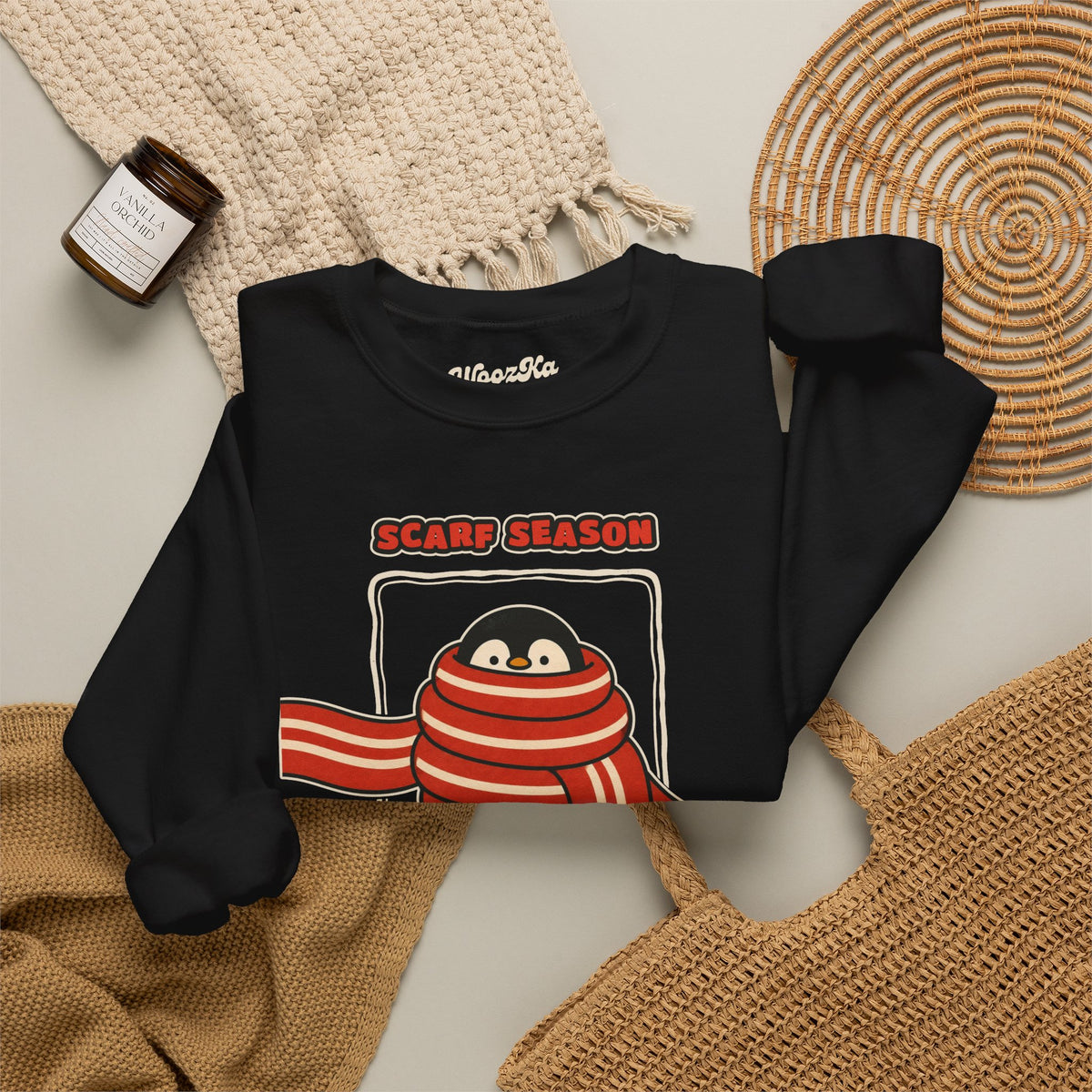 WoozKa Brands Scarf Season Penguin Crewneck Sweatshirt, Front Graphic