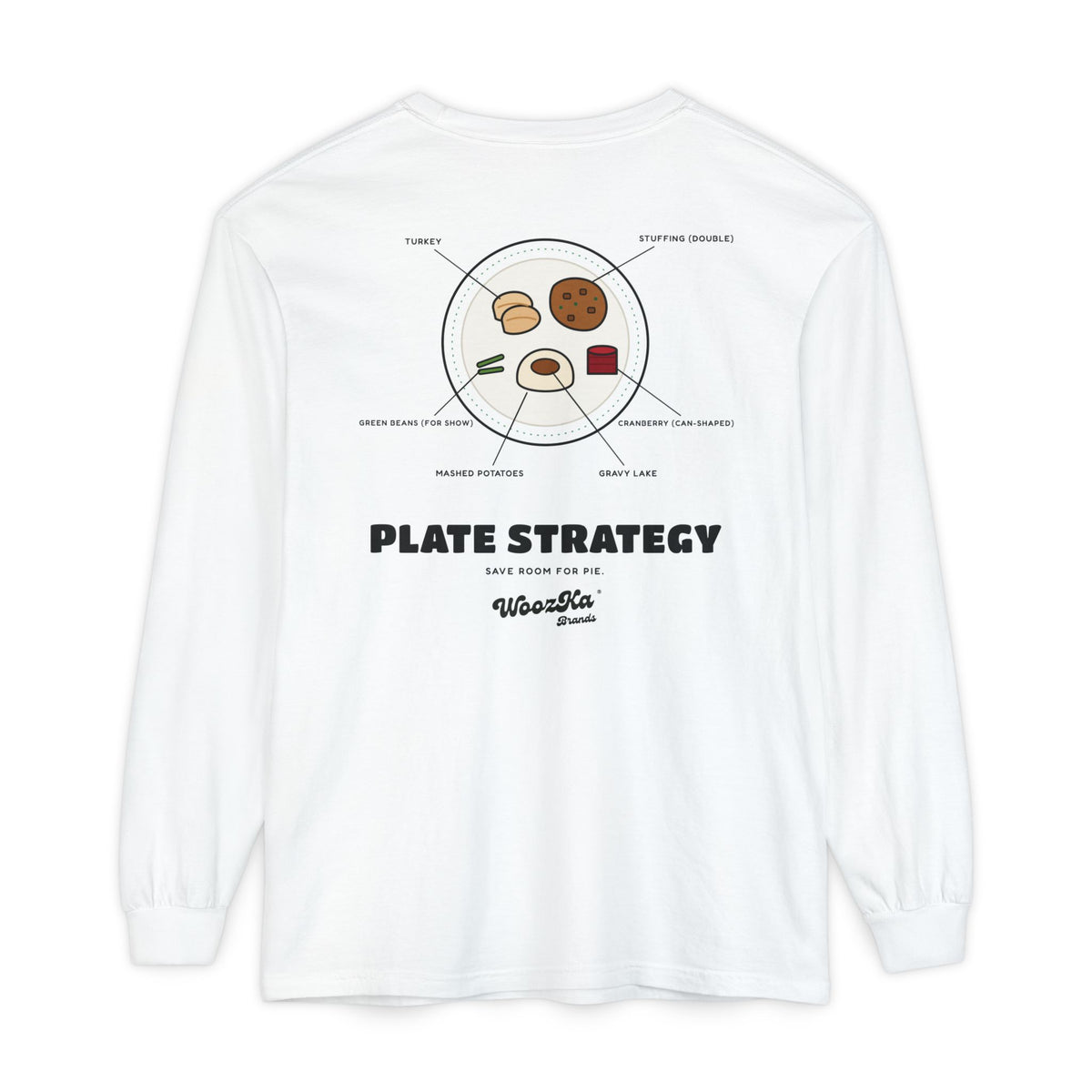 WoozKa Brands Funny Thanksgiving Long Sleeve Tee, Turkey Dinner Back Print