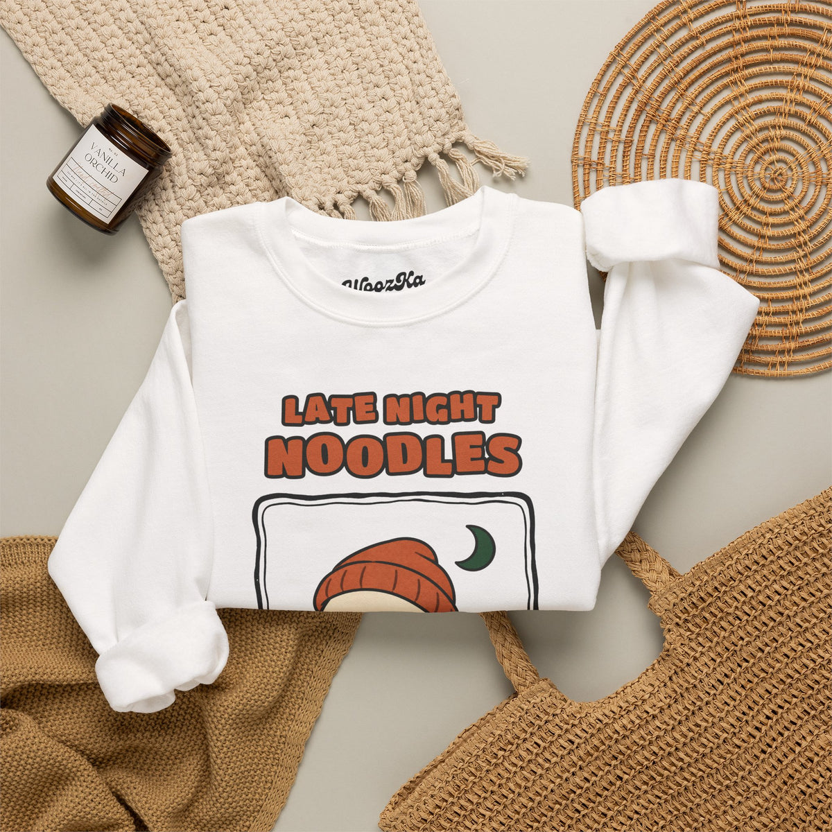 WoozKa Brands Late Night Noodles Ghost Crewneck Sweatshirt, Front Graphic