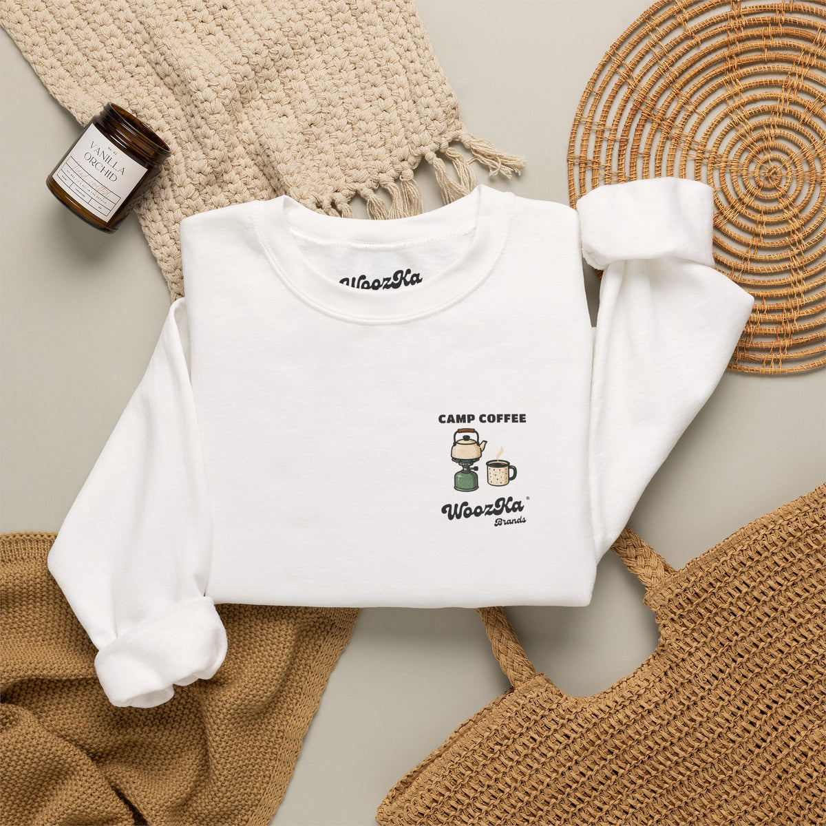 WoozKa Brands Camp Coffee Camping Crewneck Sweatshirt, Two-Sided Graphic