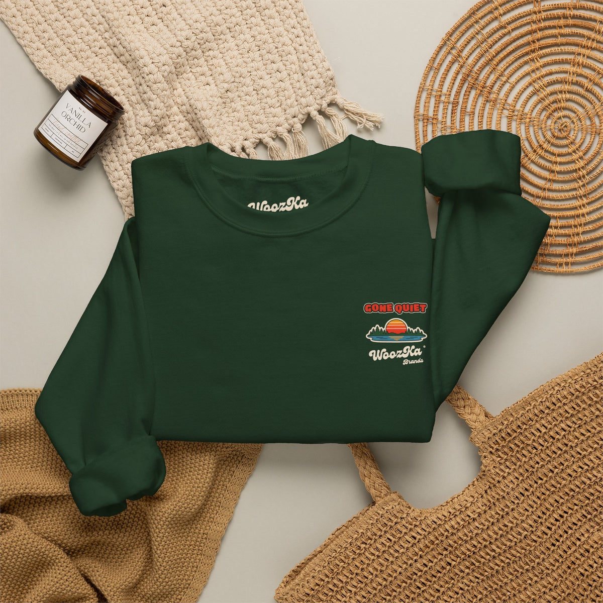 WoozKa Brands Retro Sunset Lake Sweatshirt, Nature Outdoors Pine Back Print