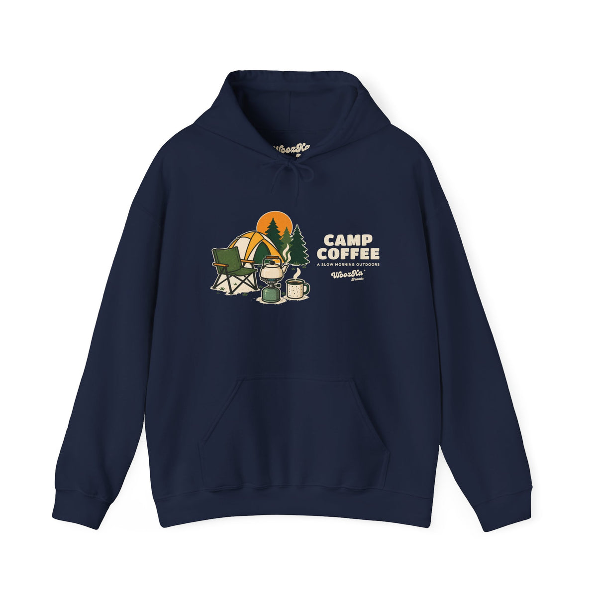 WoozKa Brands Camp Coffee Camping Hoodie, Wide Front Graphic