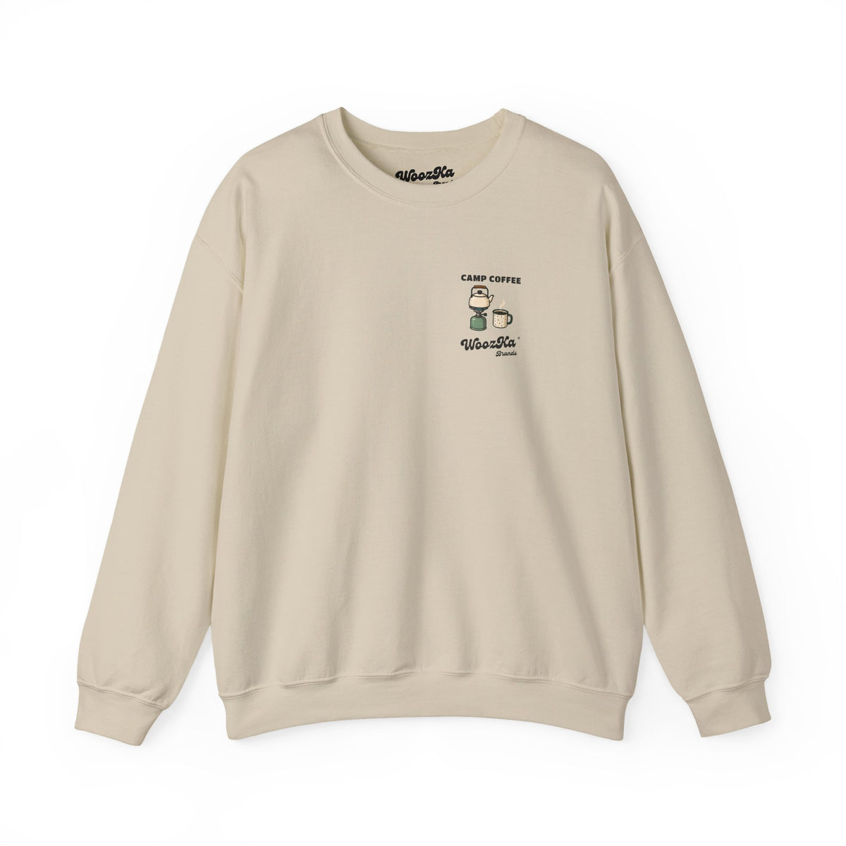 WoozKa Brands Camp Coffee Camping Crewneck Sweatshirt, Two-Sided Graphic
