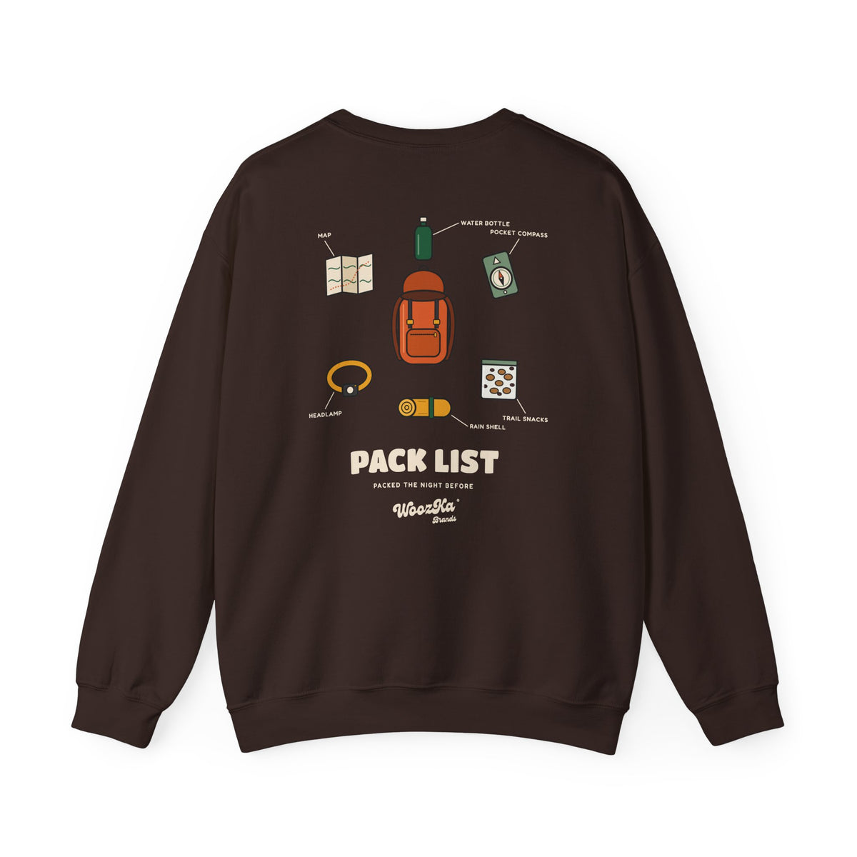 WoozKa Brands Hiking Sweatshirt, Backpacking Gear List Back Print