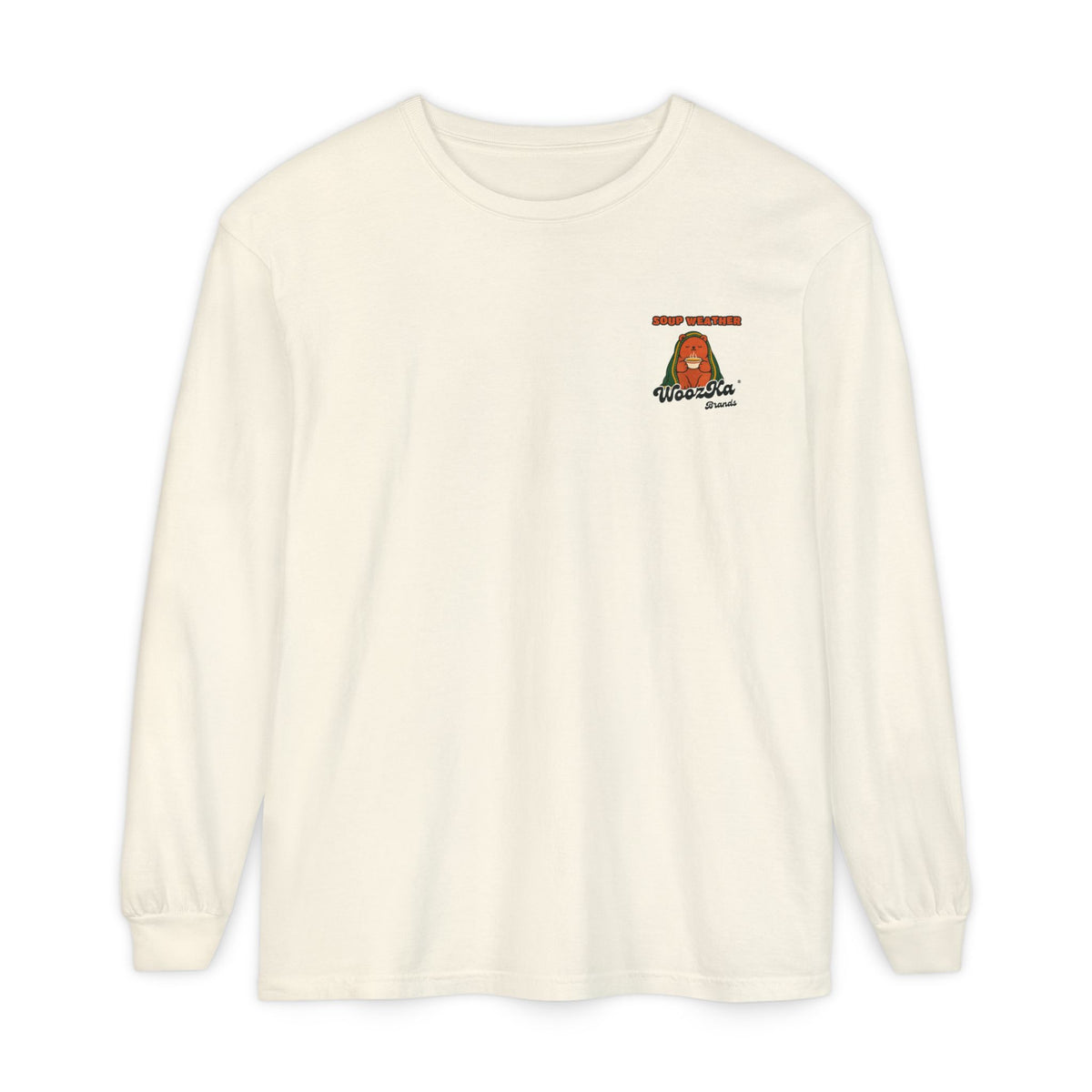 WoozKa Brands Cute Bear Fall Long Sleeve Tee, Cozy Soup Lover Back Print