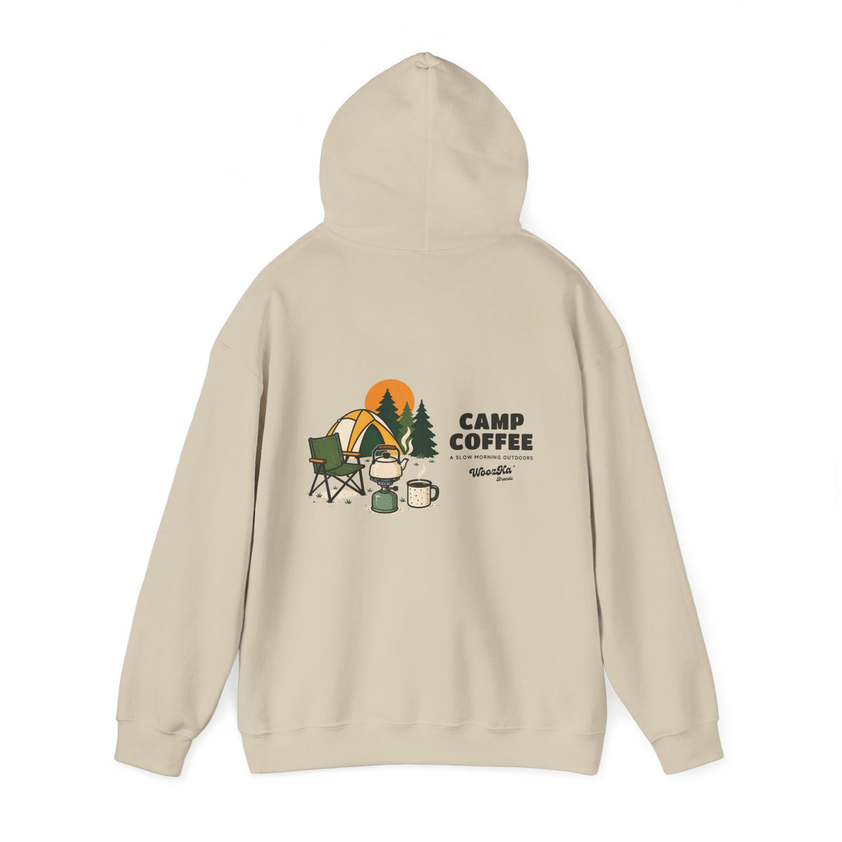 WoozKa Brands Camp Coffee Camping Hoodie, Wide Back Graphic