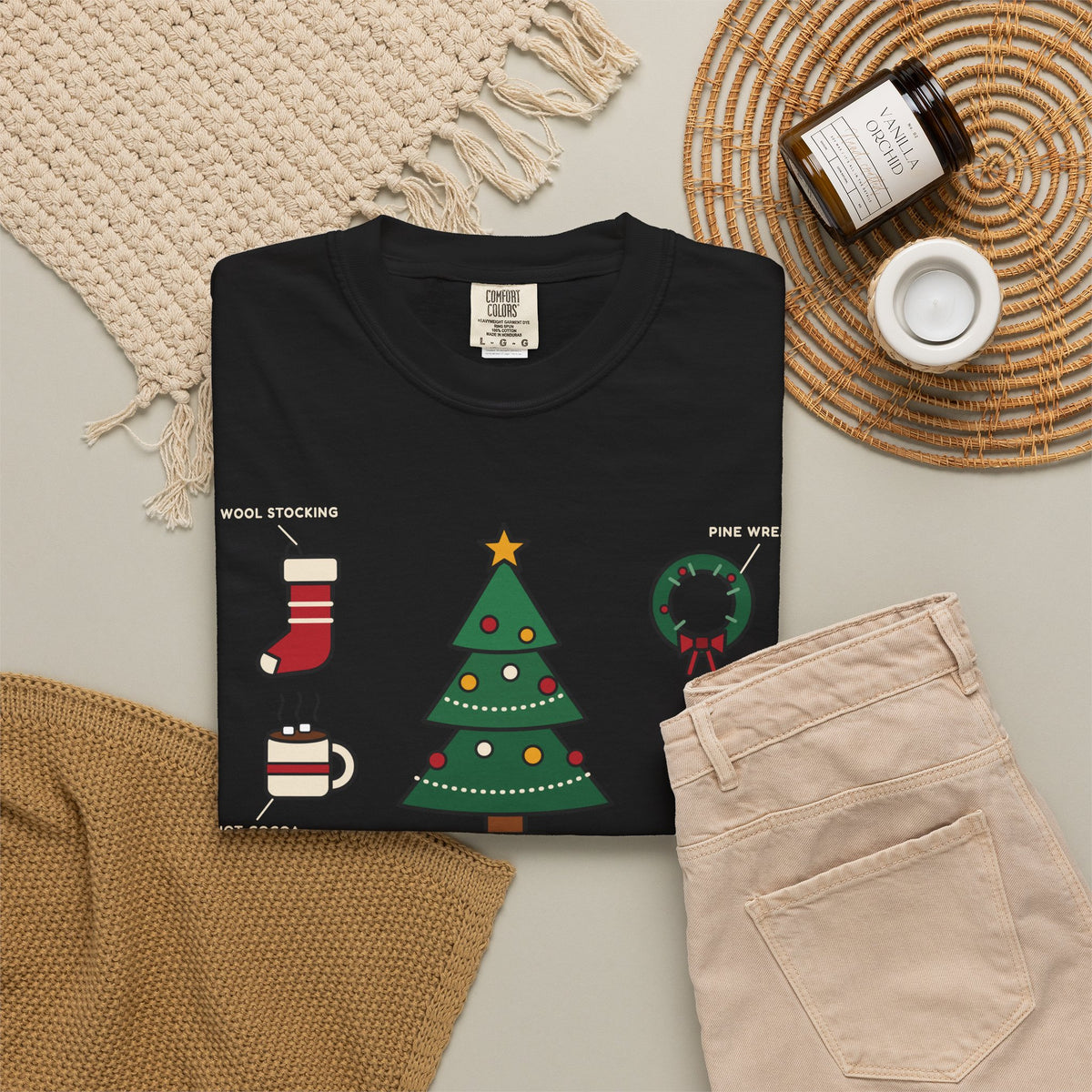 WoozKa Brands Cute Christmas Tree Heavyweight Tee, Holiday List Front Print