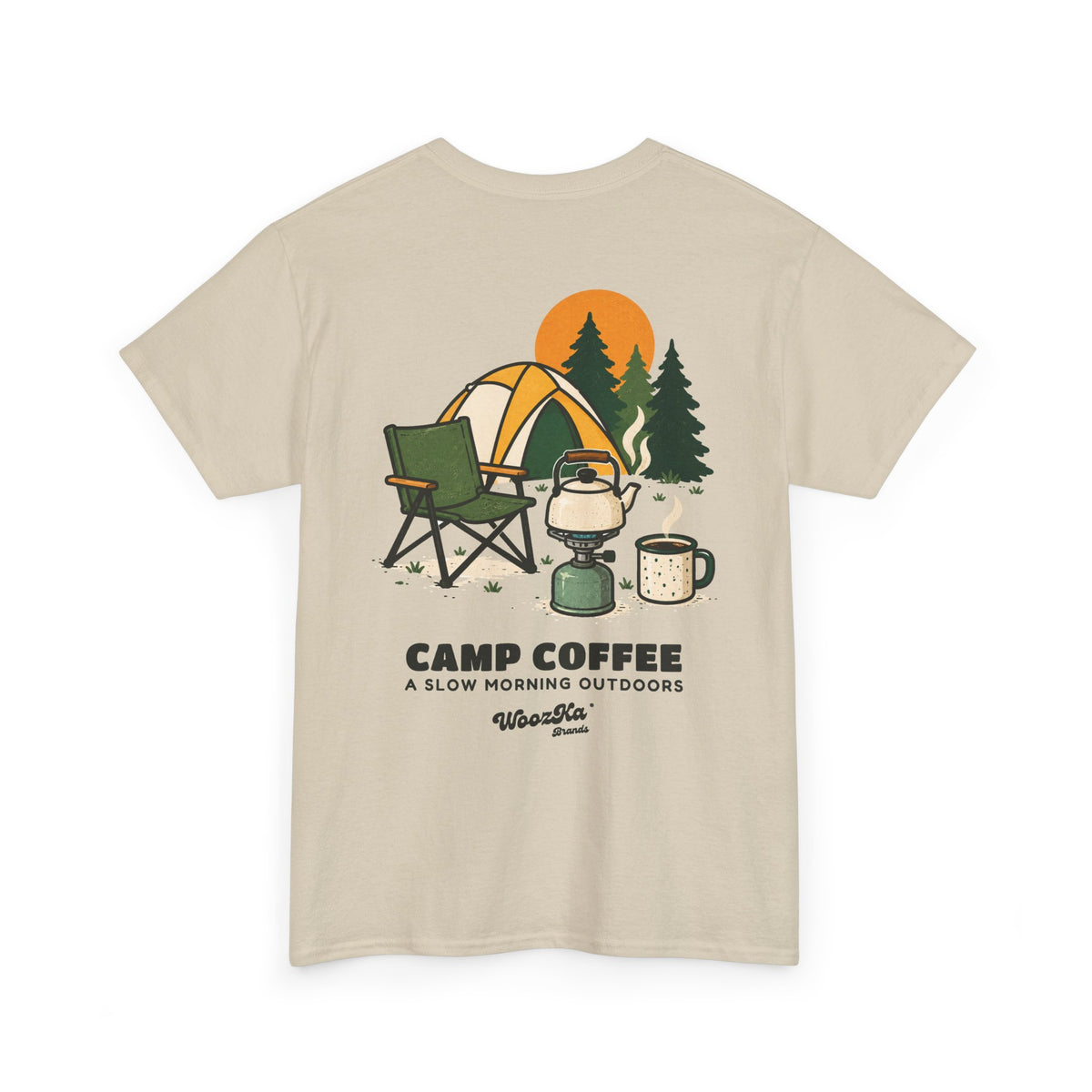 WoozKa Brands Camp Coffee Camping Heavy Cotton T-Shirt, Two-Sided Graphic