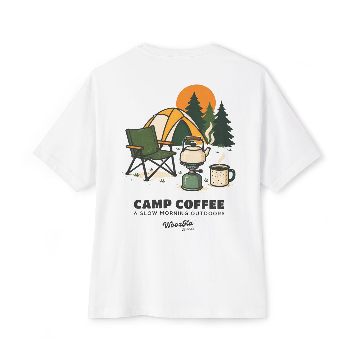 WoozKa Brands Camp Coffee Camping Oversized Boxy T-Shirt, Two-Sided Graphic