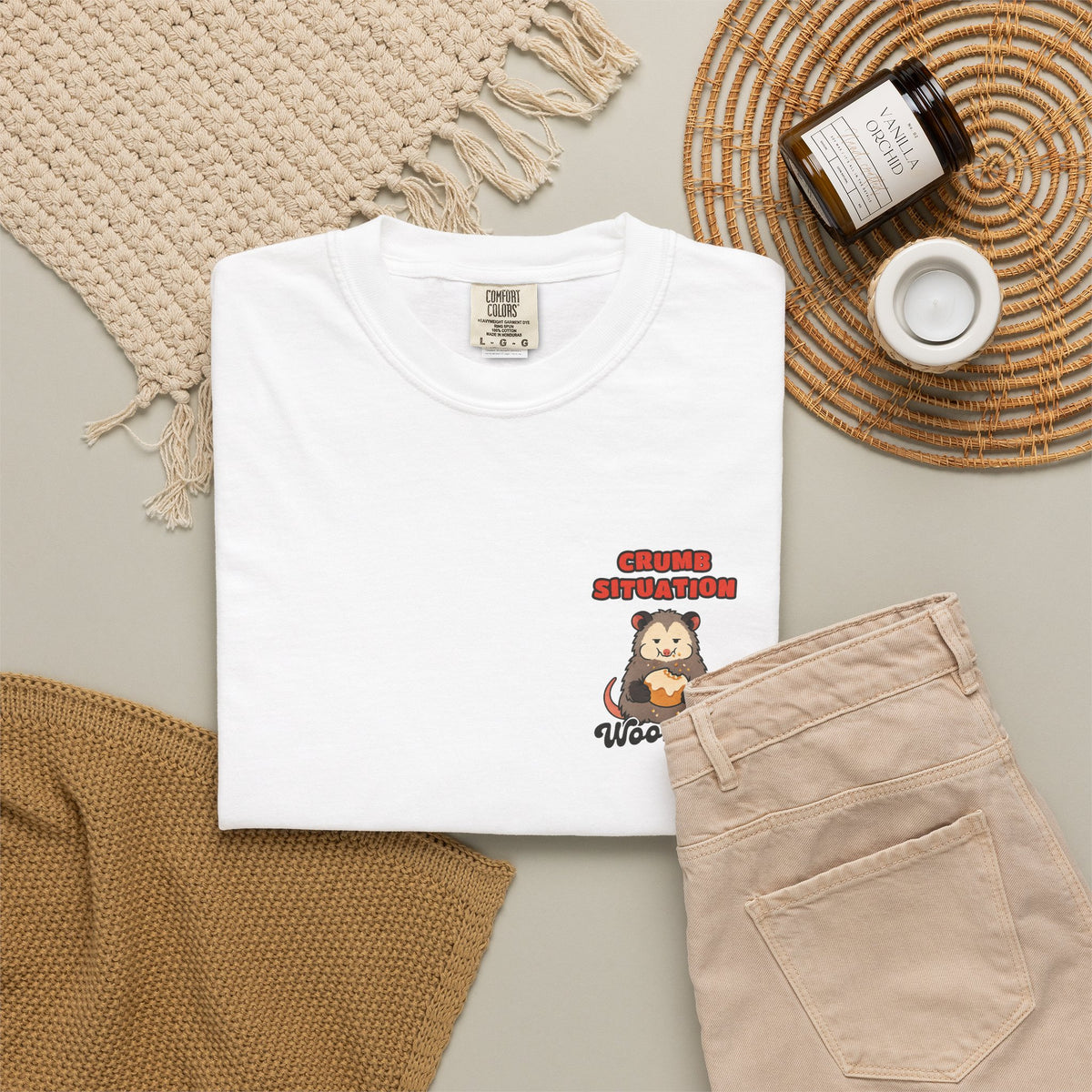 WoozKa Brands Crumb Situation Opossum Garment-Dyed T-Shirt, Two-Sided