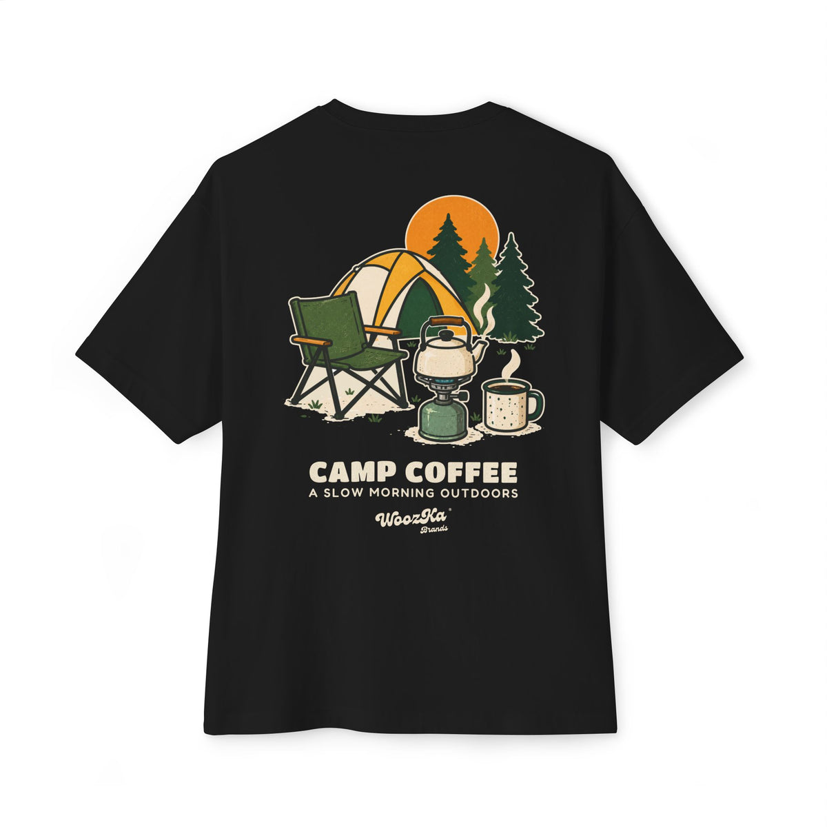 WoozKa Brands Camp Coffee Camping Oversized Boxy T-Shirt, Two-Sided Graphic