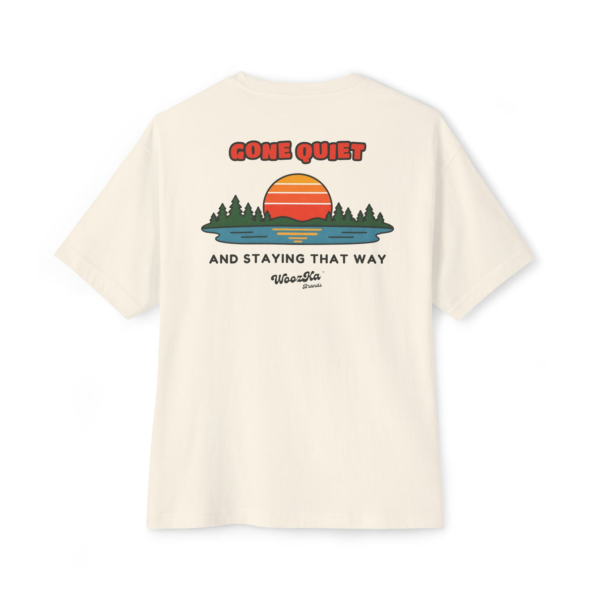 WoozKa Brands Retro Sunset Lake Oversized Tee, Nature Outdoors Back Print
