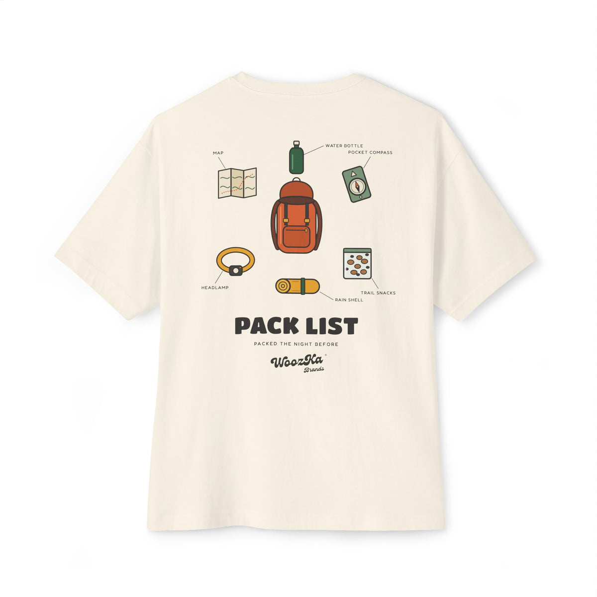 WoozKa Brands Hiking Oversized Tee, Backpacking Gear List Back Print