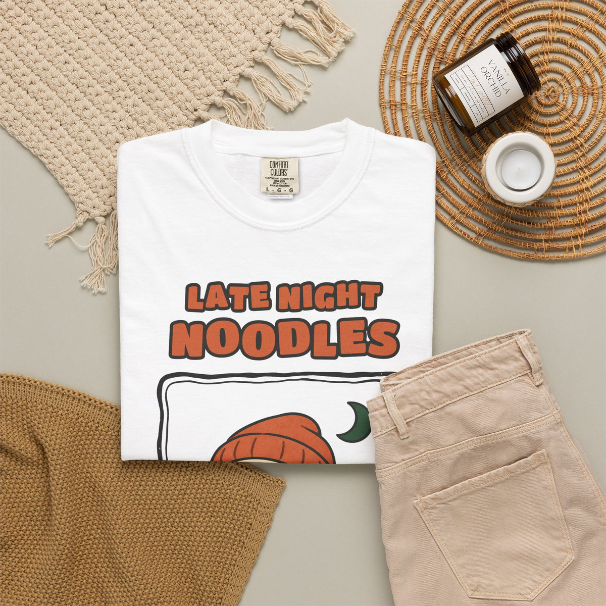 WoozKa Brands Late Night Noodles Ghost Garment-Dyed T-Shirt, Front Graphic