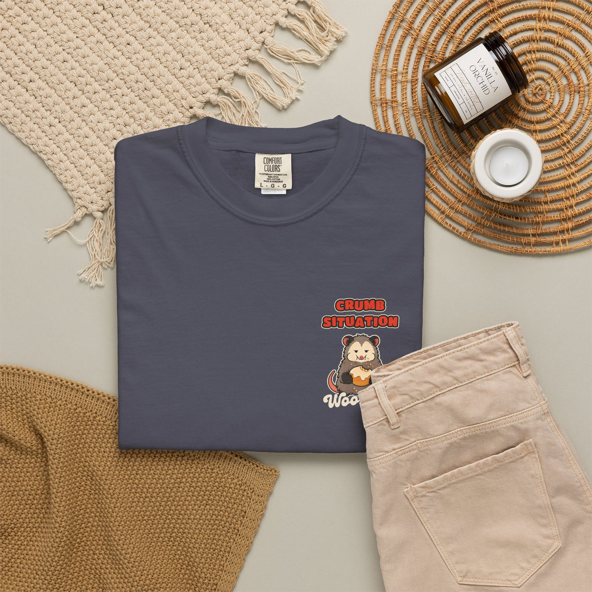 WoozKa Brands Crumb Situation Opossum Garment-Dyed T-Shirt, Two-Sided