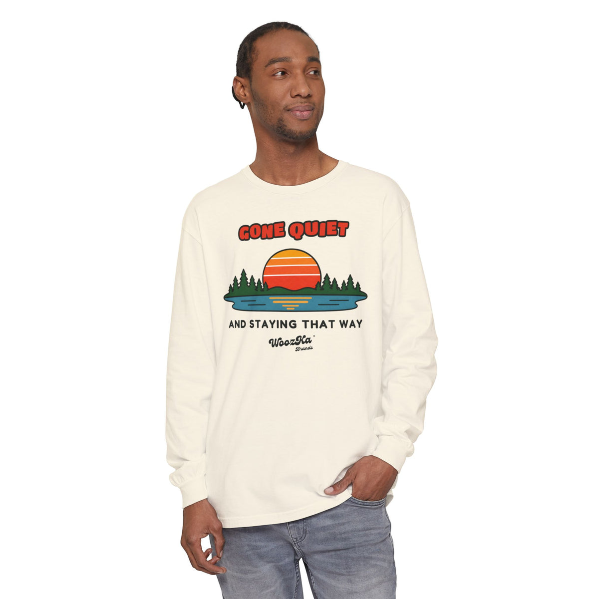 WoozKa Brands Retro Sunset Lake Long Sleeve Tee, Nature Front Print