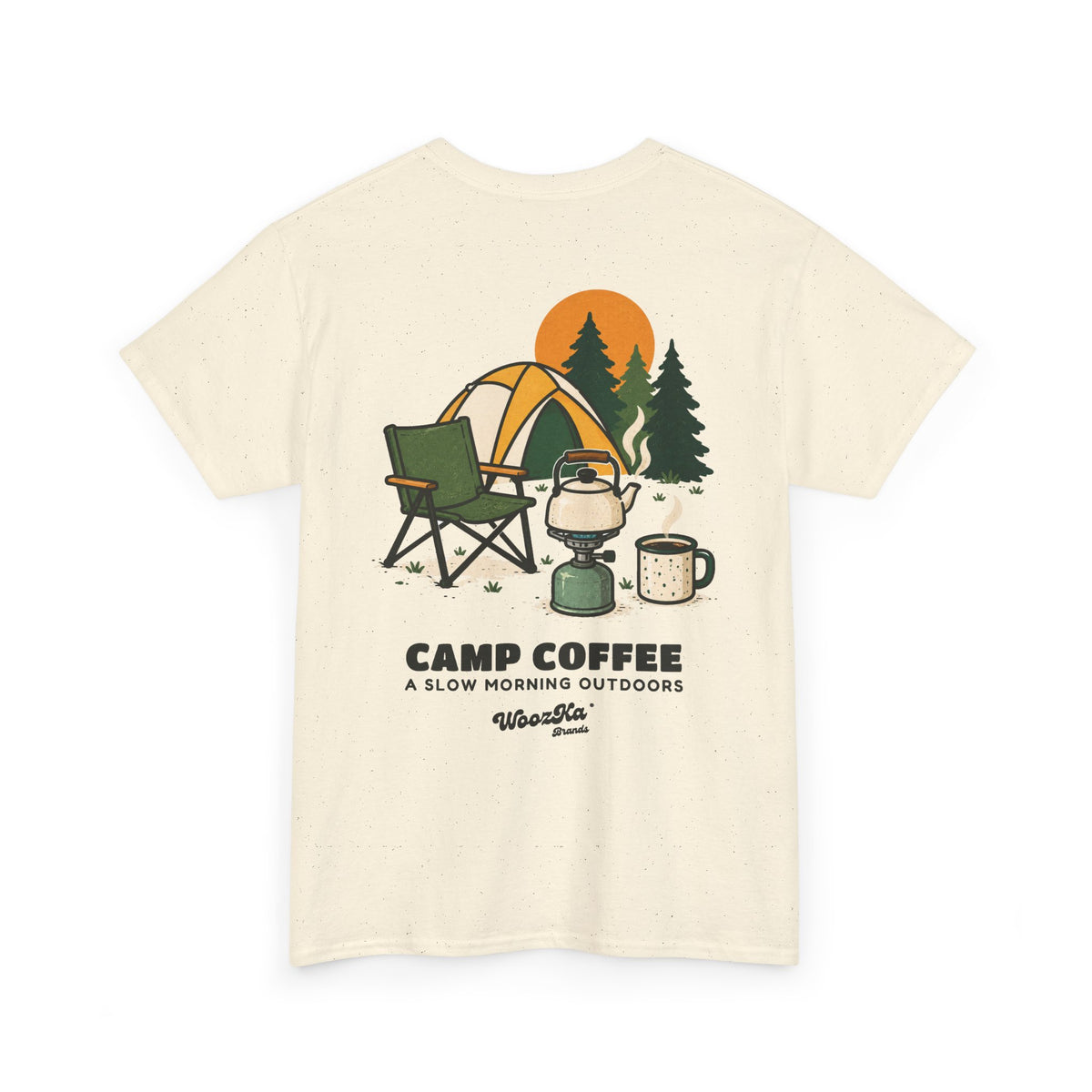 WoozKa Brands Camp Coffee Camping Heavy Cotton T-Shirt, Two-Sided Graphic