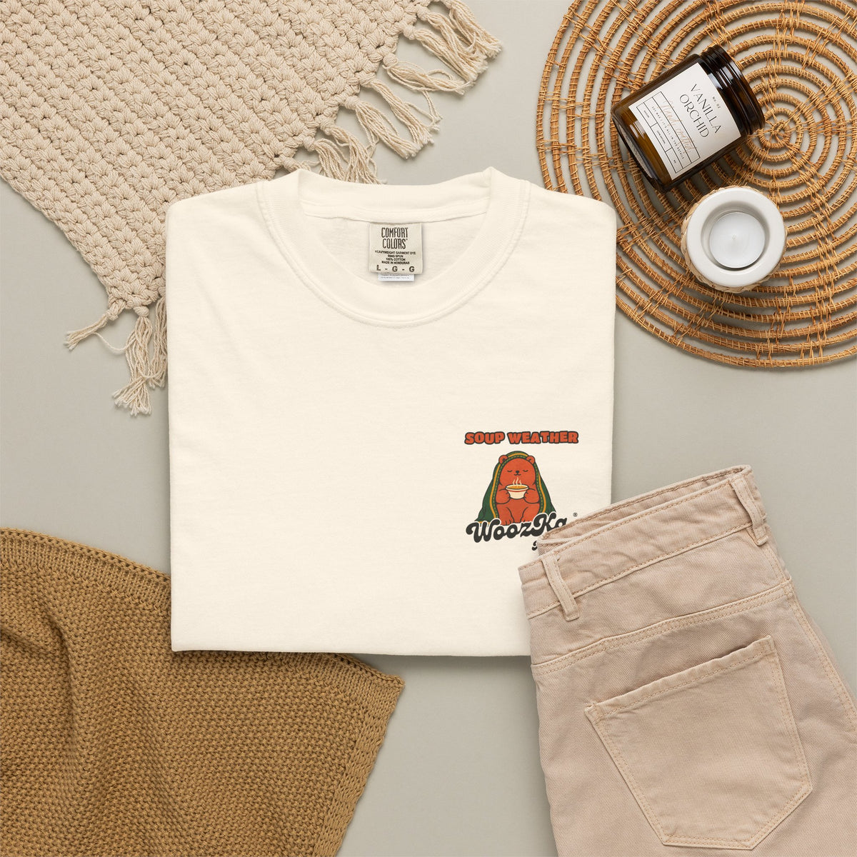 WoozKa Brands Soup Weather Bear Garment-Dyed T-Shirt, Two-Sided Graphic