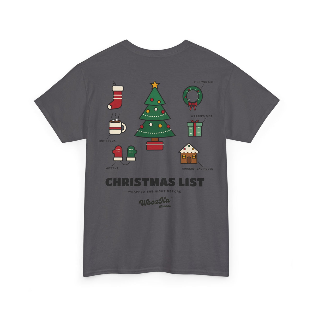 WoozKa Brands Cute Christmas Tree T-Shirt, Holiday List Back Print