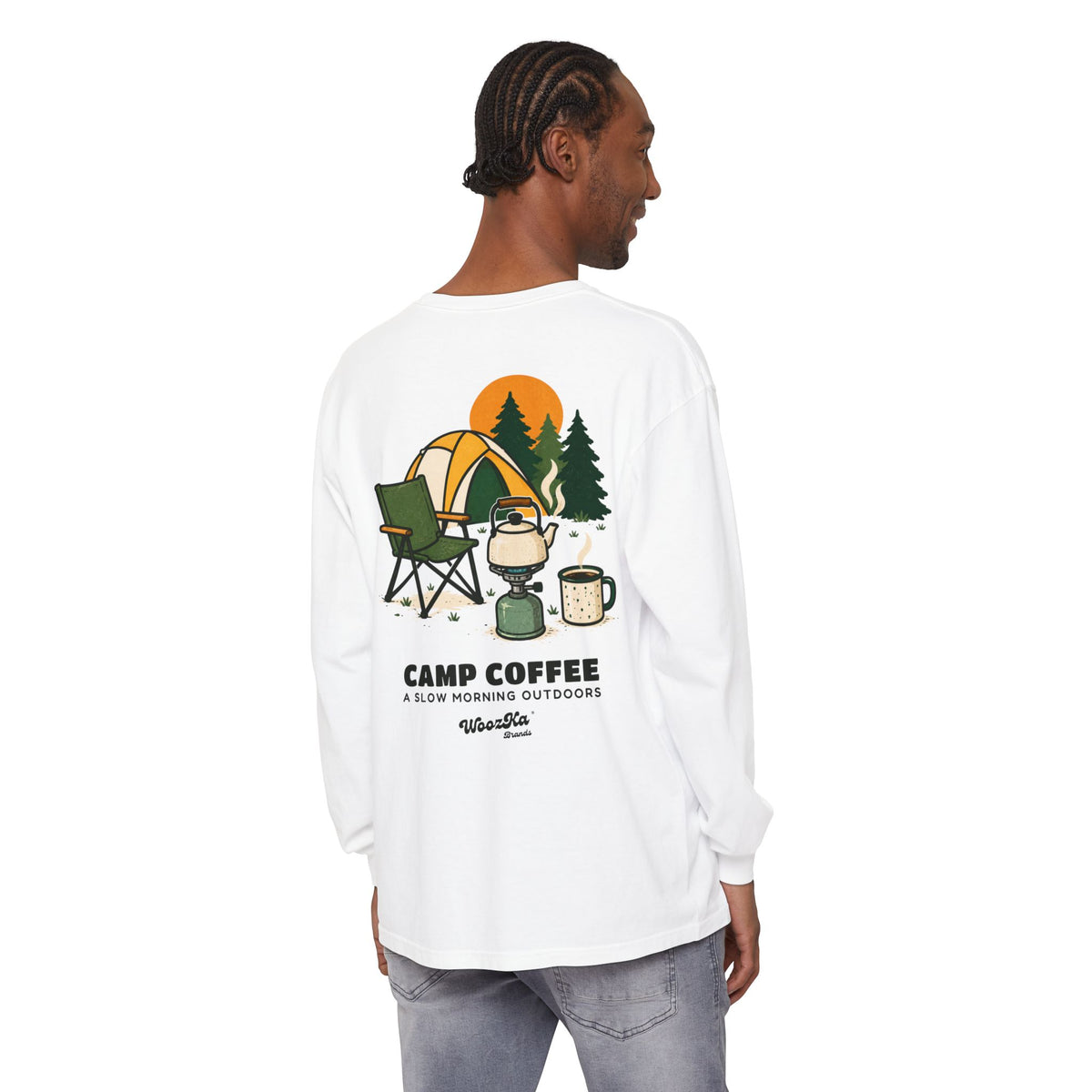 WoozKa Brands Camp Coffee Camping Long Sleeve T-Shirt, Two-Sided Graphic