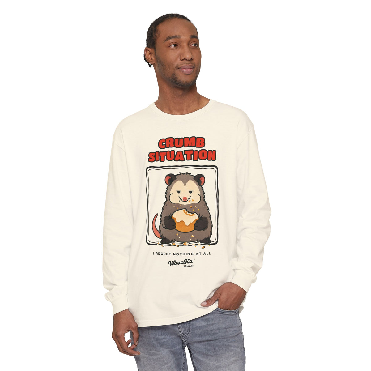 WoozKa Brands Crumb Situation Opossum Long Sleeve T-Shirt, Front Graphic